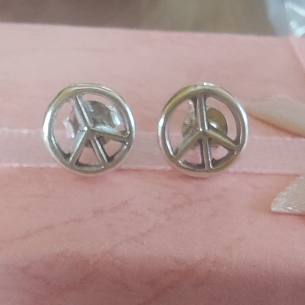 Solid Sterling Silver Peace Sign Stud Earrings - Picture 3 of 5